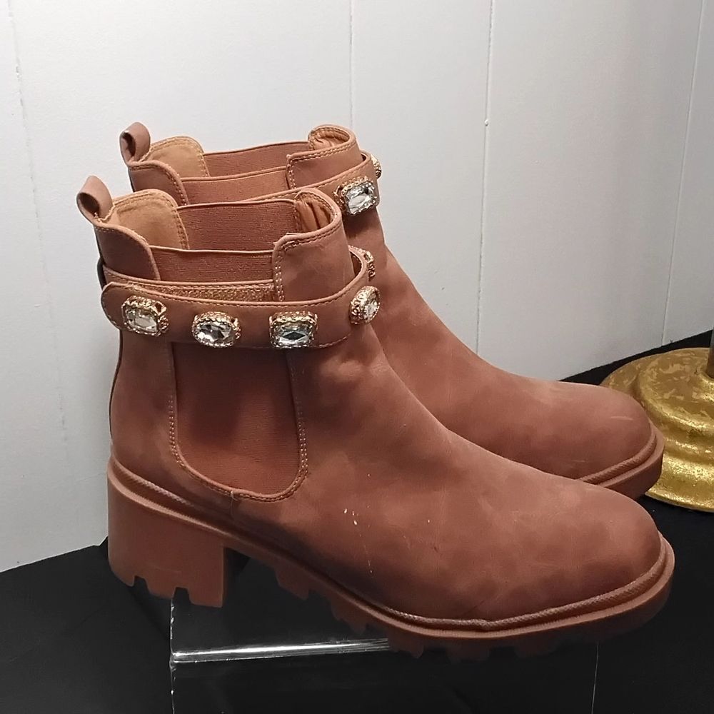 Elegant Tan Ankle Boots with Jewel Accents